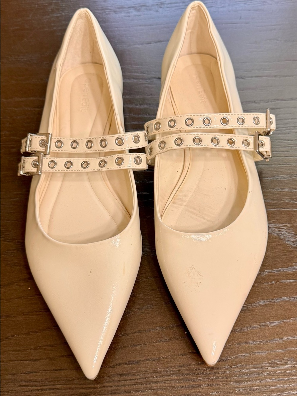 Open Edit Ivory Patent Double Strap Mary Jane Pointed Toe Flats Size 9M